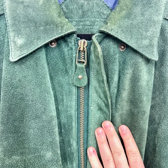 Green & Blue Suede Leather Bomber Jacket 80s Vintage Copper Key Size Medium - Picture 7 of 12